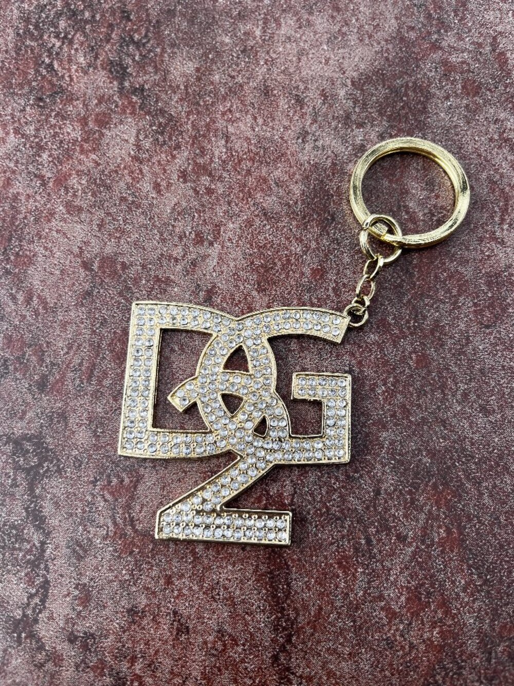 DG2 Diane Gilman Rhinestones Logo Bling Key Chain Goldtone Key Ring Bag Charm